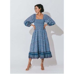 Cleobella‎ Cottagecore Blue floral print Peasant Smocked Boho midi dress XS